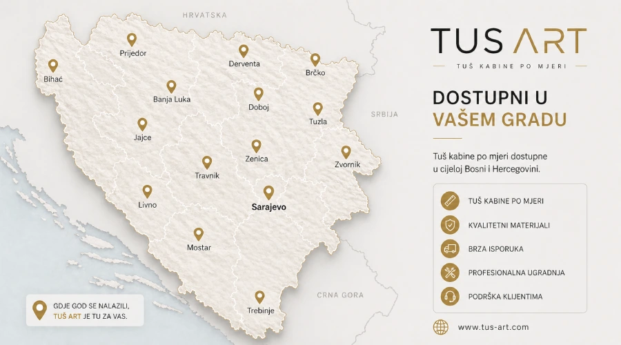 Mapa Bosne i Hercegovine s istaknutim gradovima gdje su dostupne tuš kabine po mjeri