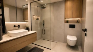 Moderno malo kupatilo sa walk-in tuš kabinom po mjeri na mjestu gdje je bila kada