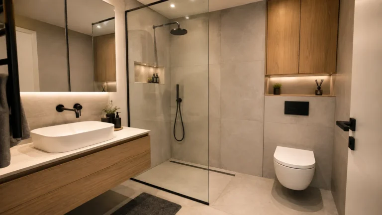 Moderno malo kupatilo sa walk-in tuš kabinom po mjeri na mjestu gdje je bila kada